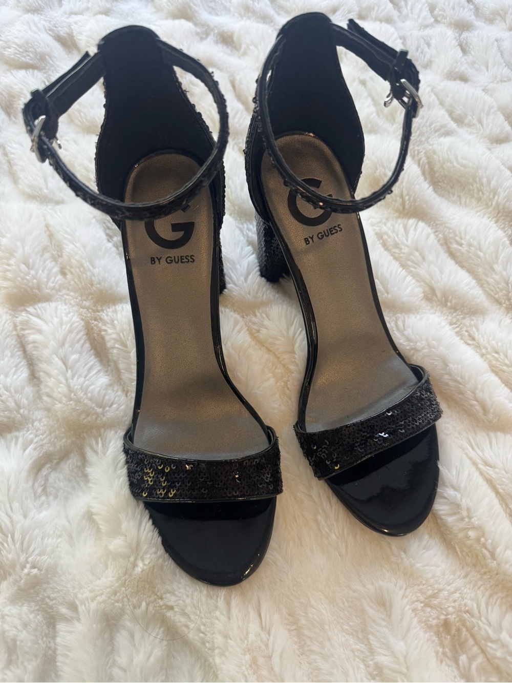 G by Guess Black Sequin Ankle-Strap Block Heels